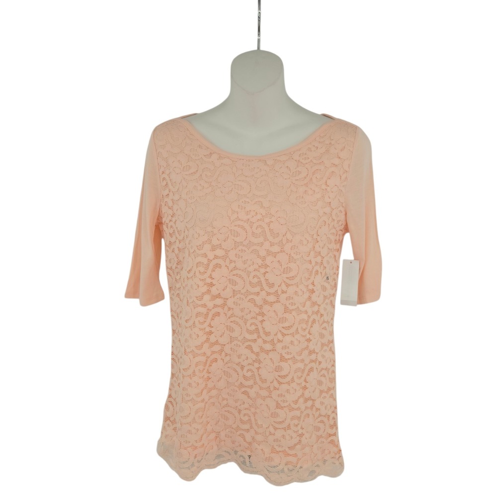 New York & Company Soho Jeans Top Womens XS Peach Lace Front Short Sleeve Blouse